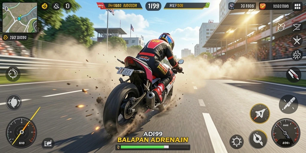 Gameplay seru ADI99 dalam balapan motor.